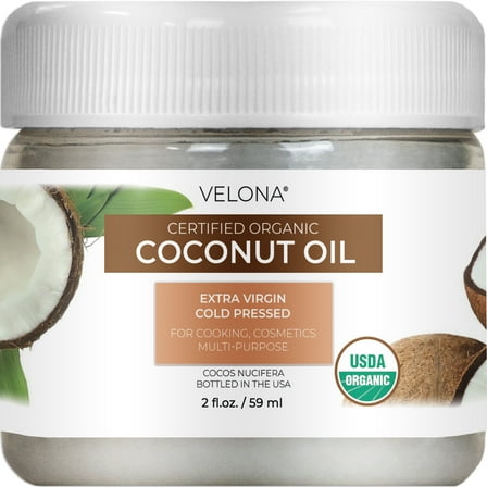 Velona USDA Certified Organic Coconut Oil Extra Virgin - 2 fl oz | Food and Cosmetic Grade | in jar | Extra Virgin, Cold Pressed