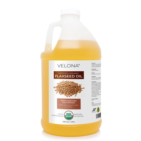 velona USDA Certified Organic Flaxseed Oil - 1 Gallon / 128 Fl Oz |100% Pure and Natural Carrier Oil | Unrefined, Cold Pressed | Body, Face & Skin Care | Use Today - Enjoy Results
