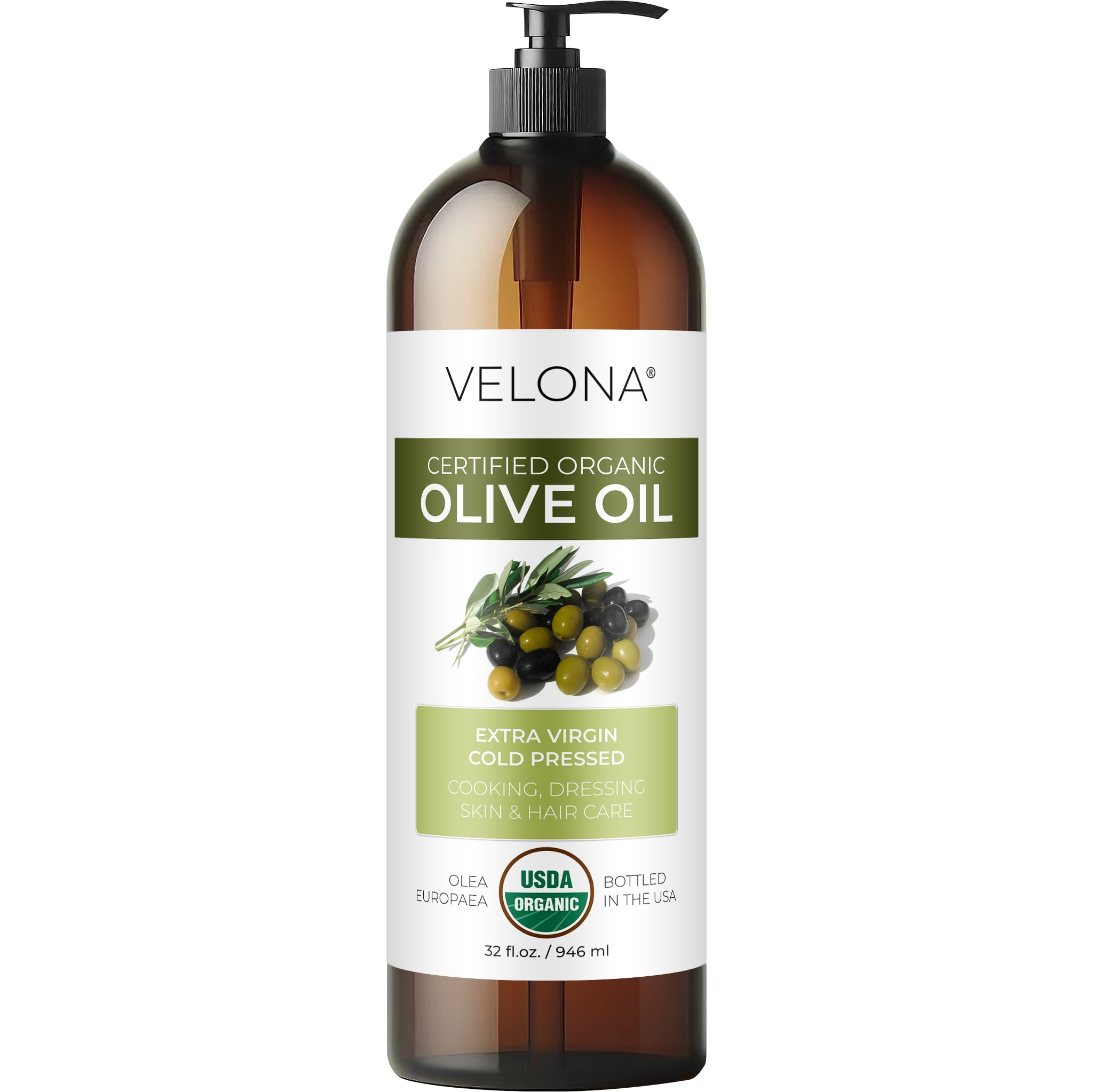 Velona USDA Certified Organic Olive Oil - 32 oz | 100% Pure and Natural Carrier Oil | Extra Virgin, Unrefined, Cold Pressed | Cooking, Dressing, Face, Hair, Body, Skin Care | Use Today - Enjoy Results