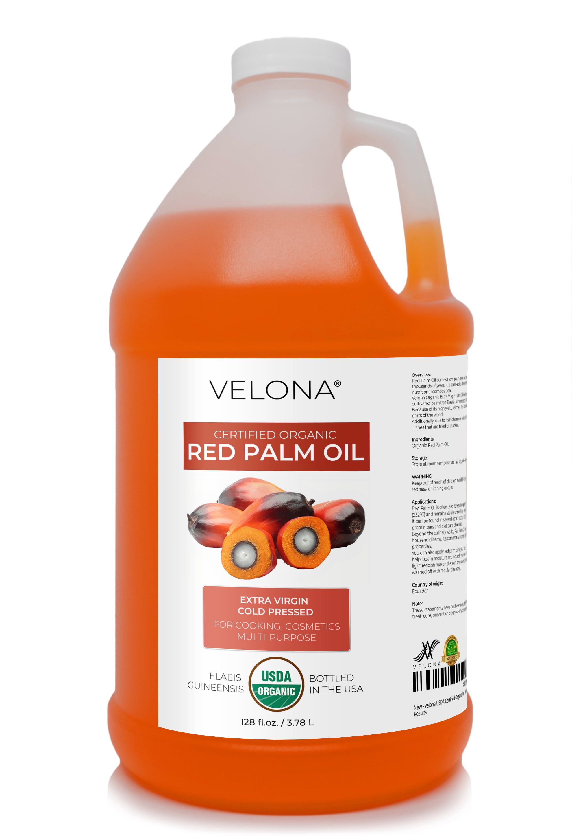 Velona USDA Certified Organic Red Palm Oil - 1 Gallon / 128 Fl Oz | Food and Cosmetic Grade | in jar | Extra Virgin, Cold Pressed | Skin, Face, Body, Hair Care | Use Today - Enjoy Results
