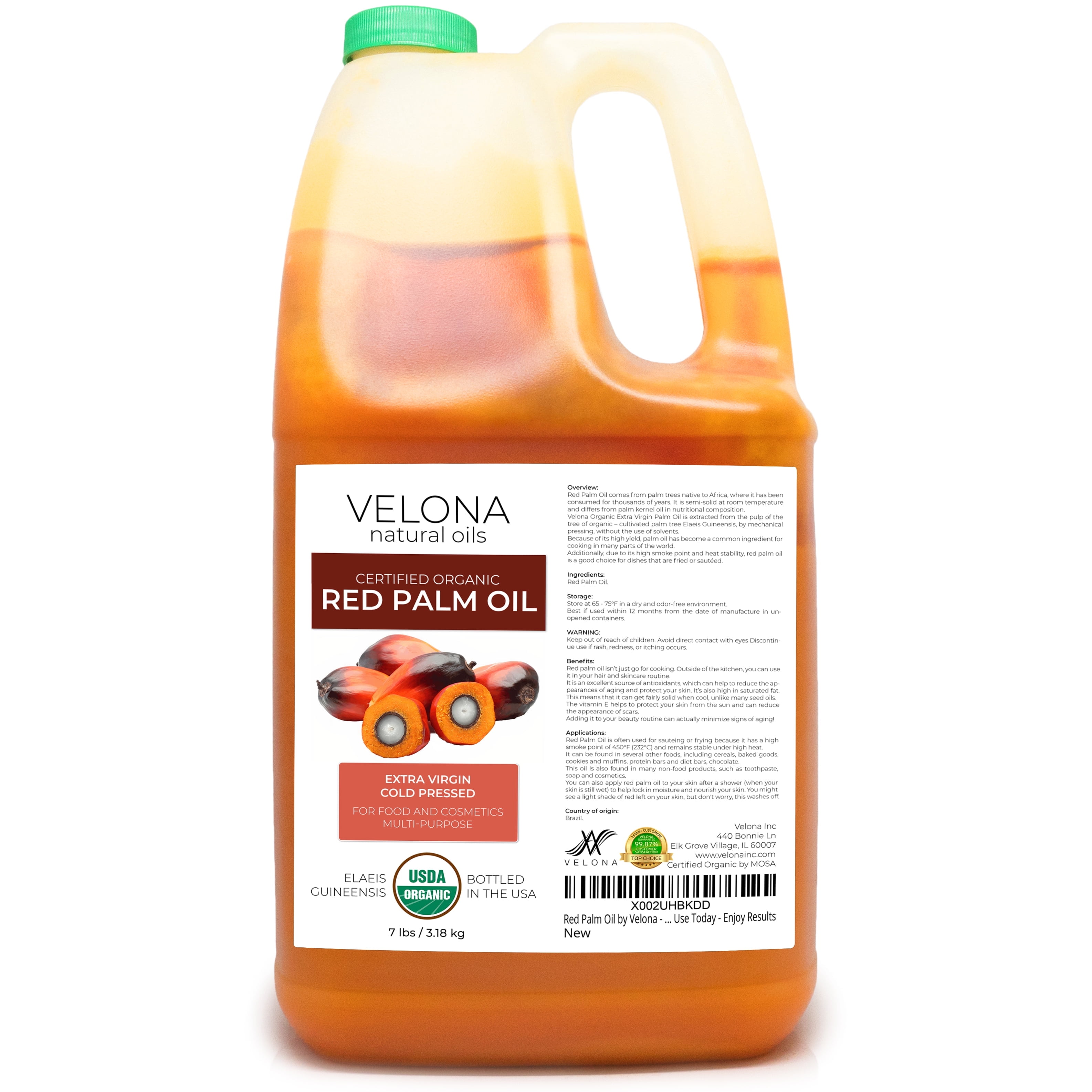 Velona USDA Certified Organic Red Palm Oil - 1 Gallon / 128 Fl Oz | Food and Cosmetic Grade | in jar | Extra Virgin, Cold Pressed | Skin, Face, Body, Hair Care | Use Today - Enjoy Results