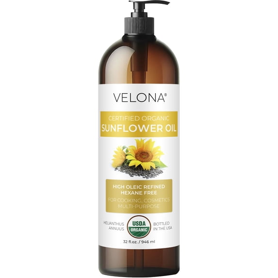 velona USDA Certified Organic Sunflower Oil - 32 Fl Oz | 100% Pure and Natural Carrier Oil | High Oleic, Refined| Cooking, Skin, Hair, Body & Face Moisturizing