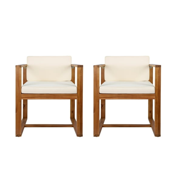 Velora Modern Outdoor Patio Dining Chairs with Cushions, Acacia Wood, Beige + Teak, Set of 2
