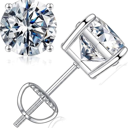 Velorani Moissanite Stud Earrings with Screw Back for Women Men, 1CT D Color VVS1 Round Cut, 14K White Gold Plated 925 Sterling Silver, Hypoallergenic Secure Stud Earrings