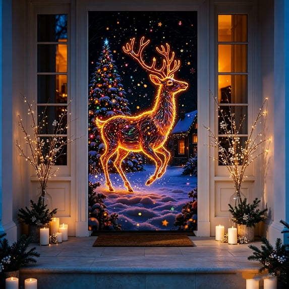Velorith Christmas Fluorescent Door Curtain with Santa Claus and Reindeer Glow in The Dark Pattern for Holiday Party Decoration Home Wall Entryway Cover Hanging Gift for Family and Friends