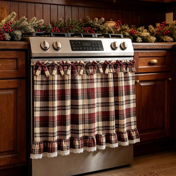 Velorith Christmas Oven Door Curtain with Bowknot and Ruffle Lace, Xmas Stove Front Decorative Cover, Polyester Holiday Kitchen Decor for Festive Home Display