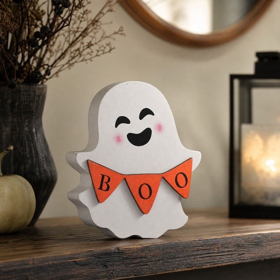 Velorith Halloween Rustic Farmhouse Wooden Ghost Tabletop Decor Hand-Painted Design – Cute Freestanding Shelf Sitter for Mantel, Entryway, Spooky Fall Displays, and Seasonal Gift Giving