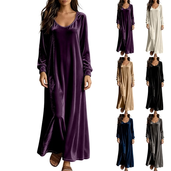 Velour Crewneck Dress For Women Long Sleeve Loungewear Maxi Dresses Fall Casual Loose Soft Daily Dress, S-XXL