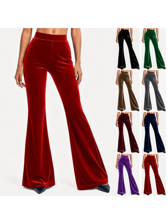 Velour Flared Pants for Women, High Rise Elastic Waist Slim Fit, Fall Vintage Cozy Party Elegant Bell Bottom S-3XL