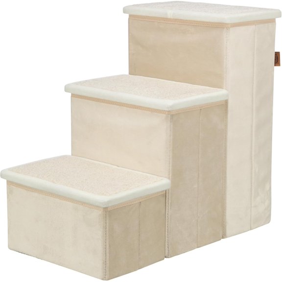 Velour Foldable 3-Step Pet Stairs with Storage, Collapsible, Storage Compartments for Pet Toys, Beige
