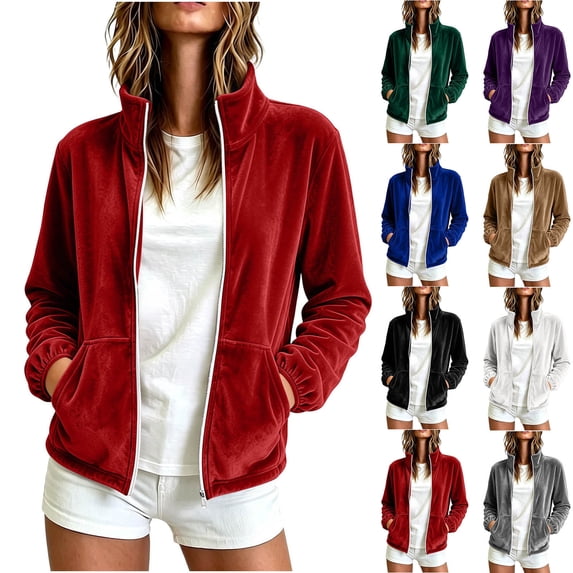 Velour Full Zip-Up Jackets For Women Fall Collared Long Sleeve Workout Casual Loose Outerwear, S-XXL