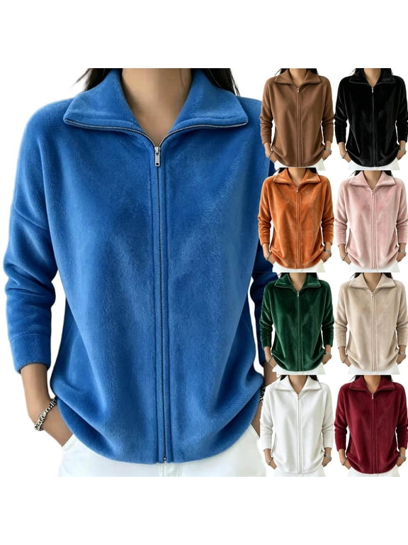 Velour Full Zip-Up Jackets For Women Full Vintage Stand Collar Long Sleeve Workout Casual Coats, Size S-XXL