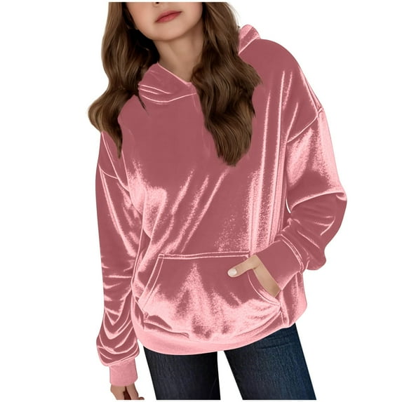 Velour Hoodie Girls Long Sleeve Pink Sweatshirt Tween Warm Loose Pullover Girl Sweatshirt 12-13 Years