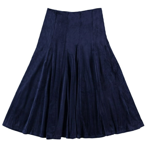 Velour Panel Midi Skirt For Women By BGDK- 33 Inch Length Pleated Skirt With Elastic Waist- Comfortable Fit And Flare Skirt- High Waist Flowy Skirt For Work, Office, Business, Church navy large