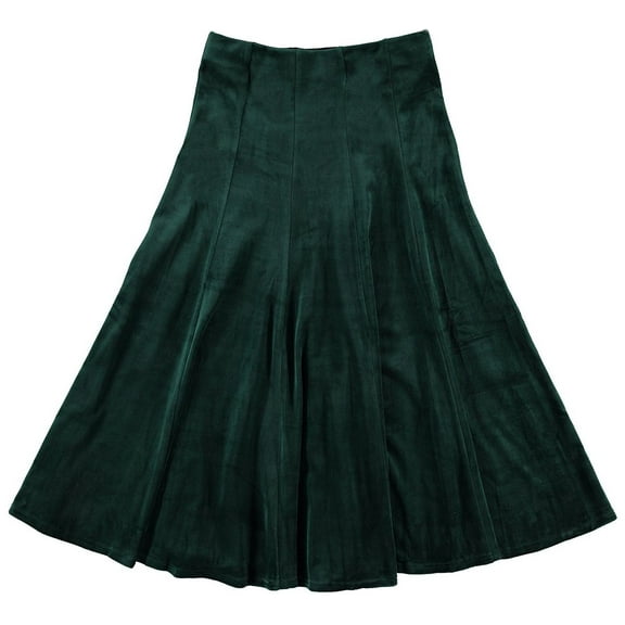 Velour Panel Midi Skirt For Women By BGDK- 33 Inch Length Pleated Skirt With Elastic Waist- Comfortable Fit And Flare Skirt- High Waist Flowy Skirt For Work, Office, Business, Church green xx small