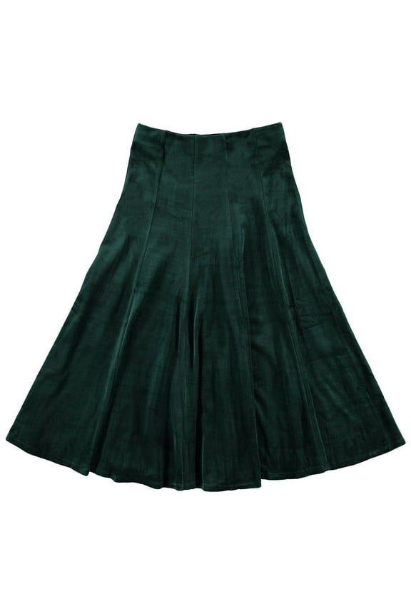 Velour Panel Midi Skirt For Women By BGDK- 33 Inch Length Pleated Skirt With Elastic Waist- Comfortable Fit And Flare Skirt- High Waist Flowy Skirt For Work, Office, Business, Church green small