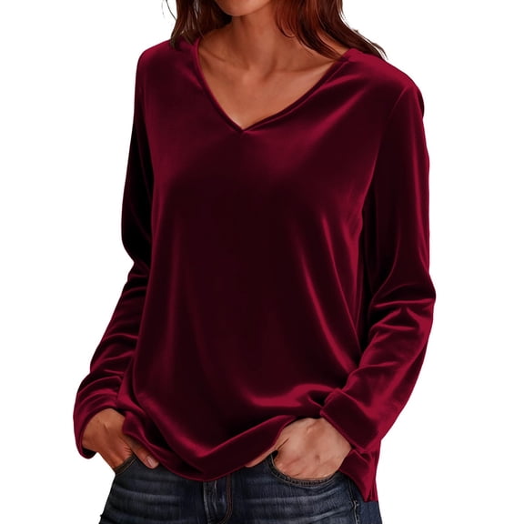 Velour Sweatshirt Women V Neck Long Sleeve Casual Pullover Soft Warm Shirts Velvet Fall Spring Tops Wine XL