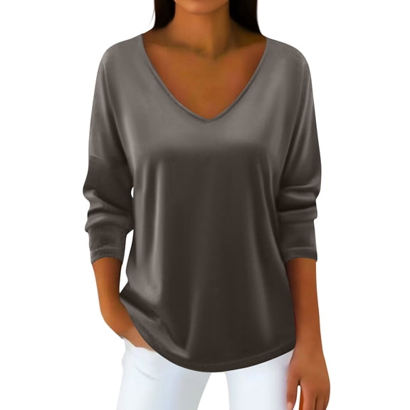 Velour T-Shirt for Women V Neck Long Sleeve Casual Pullovers Soft Warm Velvet Tunic Tops Winter Fall Outfits 2025 Gray L