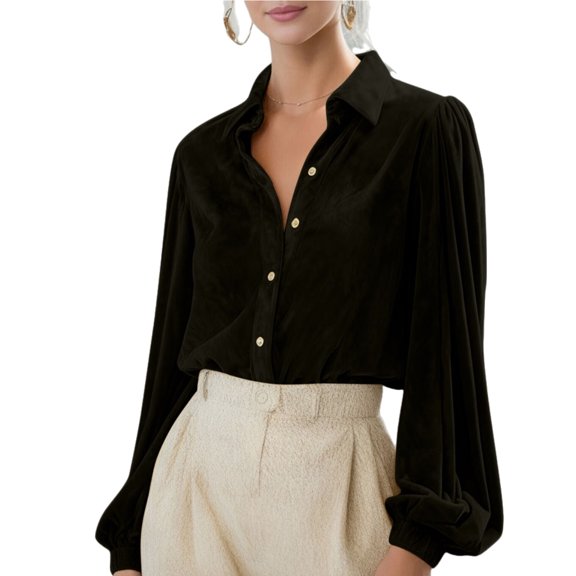 Velour Tops for Women Lantern Long Sleeve Blouse Button Down Collared Shirt Dressy Velvet Holiday Tops Spring Tops for Women 2026 Trendy