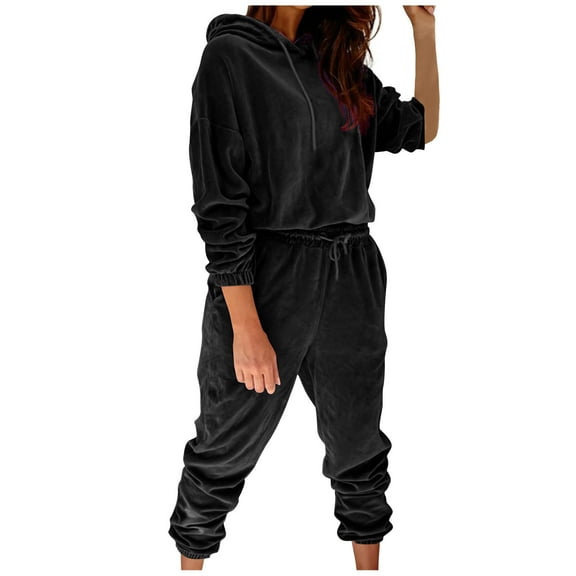 Velour Tracksuit Women Full Set Sale 2 Piece Outfit Sets Plain Long Sleeve Hoodie and Jogging Bottoms Casual Loose Sweatshirt Co Ord Set Sweat Suit Aesthetic Yoga Gym Tracksuits Ladies