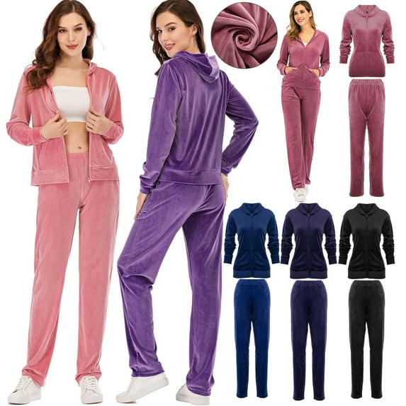 Velour Tracksuit Womens 2 Piece Jogging Outfits Long Sleeve Zipper Crop Top Sweatpant Jogger Sweatsuit Workout Sets