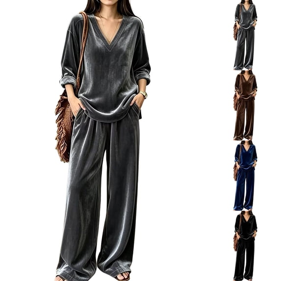 Velour Tracksuit for Women Velvet V Neck Long Sleeve Baggy Sweatpants 2 Piece Lounge Set with Pockets