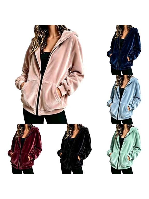 Velour Zip Up Hoodie for Women, Full Zip Sweatshirt with Pockets, Soft Casual Jacket for Fall Winter Layering Street Daily Wear