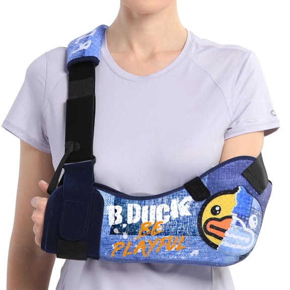 Velpeau Arm Sling with Waist Strap -Sponge Filled Holder Support Brace for Shoulder, Rotator Cuff, Elbow, Hand injury (Comfort-Duck Print, Left, Medium)