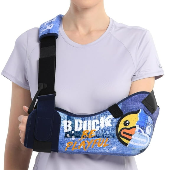 Velpeau Arm Sling with Waist Strap -Sponge Filled Holder Support Brace for Shoulder, Rotator Cuff, Elbow, Hand injury (Comfort-Duck Print, Right, L)