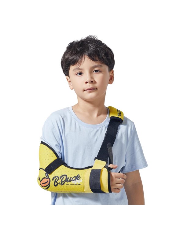 Kids Arm Sling Shoulder Immobilizer with Waist Strap -Sponge Filled Holder Support Brace for Child, Boy, Girl (Comfort-Duck Print, Right, 2XS)