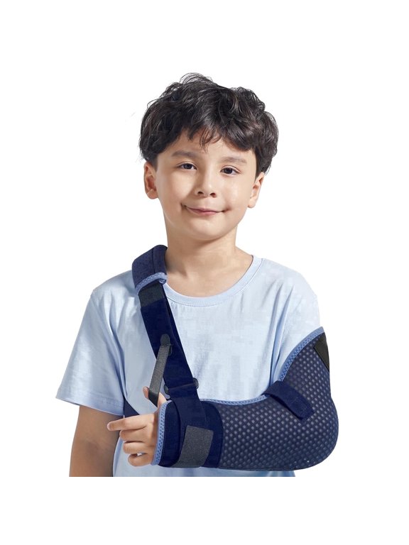 Kids Arm Sling Shoulder Immobilizer with Waist Strap -Ventilated & Breathable Support Brace for Children, Boys, Girls (Mesh-Blue, Left, 2XS)