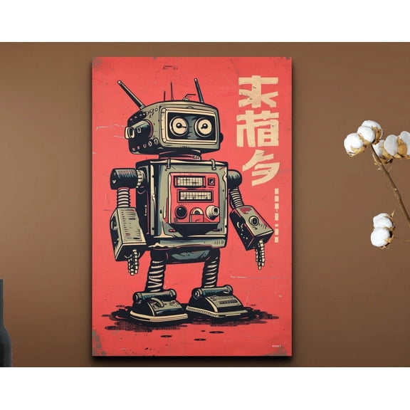 Velto 1950s Style Atomic Robot Cartoon Robot Art Portrait Canvas 1950s Art Colorful Art, SIZE 12x18 INCLUDE Pine Wood Frame 1.25-Inch