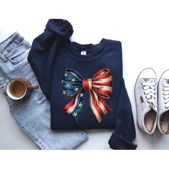 Velto 4th Of July Sweatshirt, Coquette America Flag Sweatshirt, USA Bow Sweatshirt, America Sweatshirt, Women's Patriotic Sweatshirt, USA Sweater All Size S-5XL