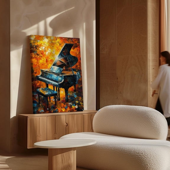 Velto Abstract Grand Piano Canvas Art Vibrant Orange and Blue Brush Strokes Musical Wall Decor for Piano Lovers, SIZE 8x10 INCLUDE Pine Wood Frame 1.25-Inch