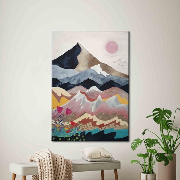 Velto Abstract Mountaining, Contemporary, Mountain Canvas, Minimal Sun Art, Nature Landscape, 8x10 0.75-Inch Pine Wood Frame