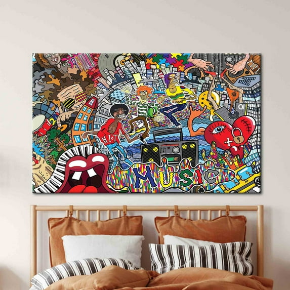Velto Abstract Music Colorful, Colorful Graffiti Canvas, Music Graffiti Canvas Art, Graffiti Canvas Art, Music, 12x16 0.75-Inch Pine Wood Frame