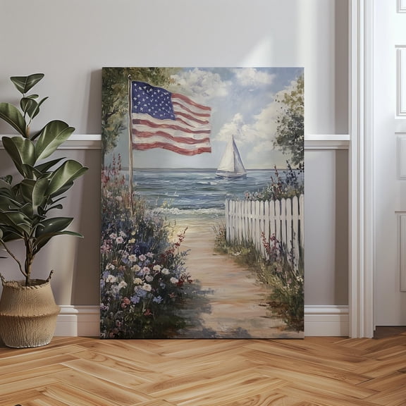 Velto American Flag Beach Coastal, Ocean Sailboat, Patriotic Summer Flower, White Picket Fence, Rustic 4Th Of July Canvas, 12x16 UNFRAMED