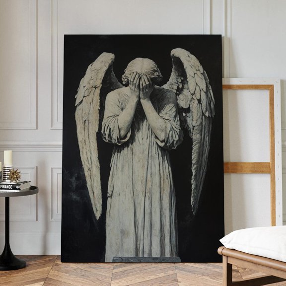 Velto Angel Statue Canvas Art Gothic Mourning Illustration Spiritual Fallen Angel Dark Inspired Wall Decor, SIZE 12x18 INCLUDE Pine Wood Frame 1.25-Inch