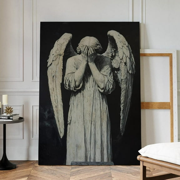 Velto Angel Statue Canvas Art Gothic Mourning Illustration Spiritual Fallen Angel Dark Inspired Wall Decor, SIZE 16x24 INCLUDE Pine Wood Frame 1.25-Inch