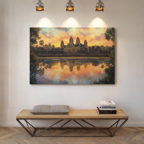 Velto Angkor Wat Canvas Art Ancient Temple Sunset Reflection Landscape Southeast Asia Architecture Inspired Wall Decor, SIZE 12x18 INCLUDE Pine Wood Frame 1.25-Inch
