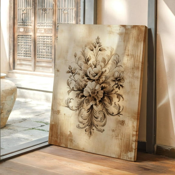 Velto Antique Floral Canvas Art Sepia Botanical Rustic French Country Style Wall Art, SIZE 16x24 INCLUDE Pine Wood Frame 1.25-Inch