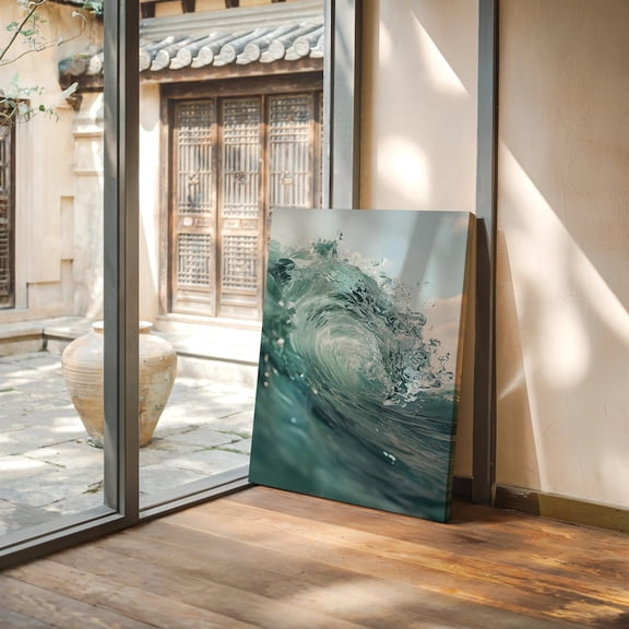 Velto Aqua Ocean Wave Close Up Photography - Turquoise Sea Curl, Beach Modern Coastal Decor for Bathroom or Living Room, SIZE 16x24 INCLUDE Pine Wood Frame 1.25-Inch