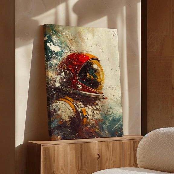 Velto Astronaut Canvas Wall Art Vibrant Red Space Helmet Abstract Cosmic Brushstroke Modern Home Decoration, SIZE 8x10 INCLUDE Pine Wood Frame 1.25-Inch