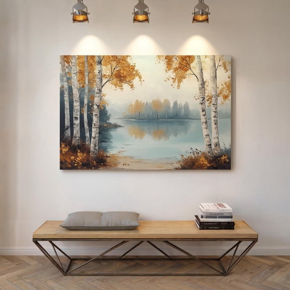 Velto Autumn Birch Tree Landscape Canvas - Golden Fall Foliage by a Serene Lake - Rustic Nature Wall Art for Home and Office Decor, SIZE 8x12 INCLUDE Pine Wood Frame 0.75-Inch