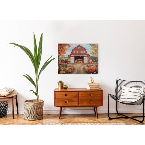 Velto Autumn Farm Scene With Pumpkins And Red Barn, Seasonal Fall Art, Rustic Scenery, Costume Party Wall Decor Canvas, 8x12 0.75-Inch Pine Wood Frame
