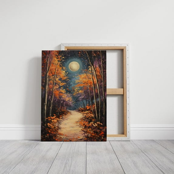 Velto Autumn Forest Path With Full Moon Canvas Art - Vibrant Fall Foliage And Starry Sky, Rustic Nature-Inspired Wall Decor For Cozy Homes Canvas, 8x12 UNFRAMED