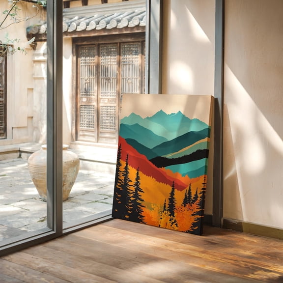 Velto Autumn Mountain Canvas Wall Art Bold Minimalist Fall Landscape Abstract Forest Hills Rustic Room Decor, SIZE 8x12 INCLUDE Pine Wood Frame 0.75-Inch