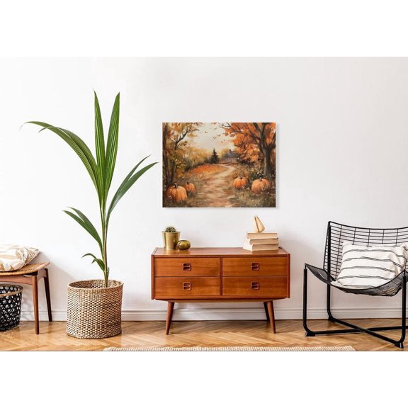 Velto Autumn Pathway With Pumpkins And Cottage, Seasonal Fall Artwork, Costume Party Wall Decor Canvas, 16x24 0.75-Inch Pine Wood Frame