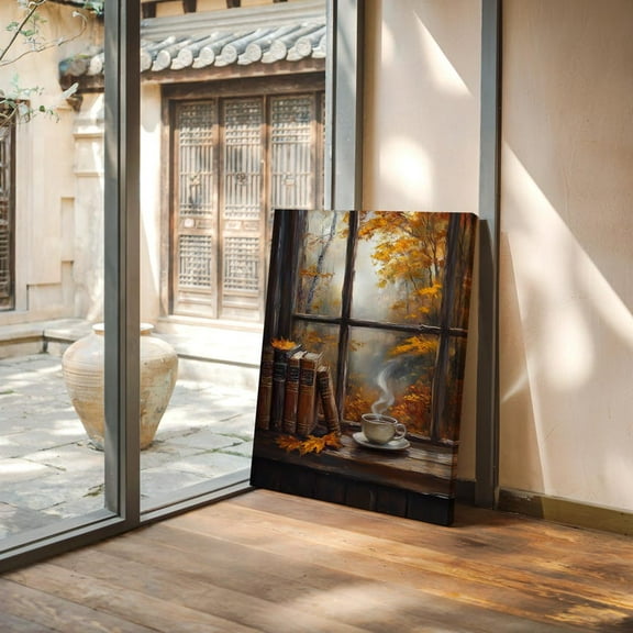 Velto Autumn Window Scene Canvas Art Cozy Coffee Rustic Books and Fall Foliage Seasonal Wall Decor, SIZE 16x24 INCLUDE Pine Wood Frame 1.25-Inch