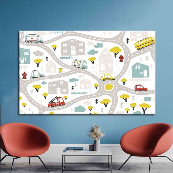 Velto Baby City Map With Roads And Transport, Kids Artwork, Baby Map Canvas Art, City Map Art, Educational Art, Children Art Canvas, 8x12 UNFRAMED